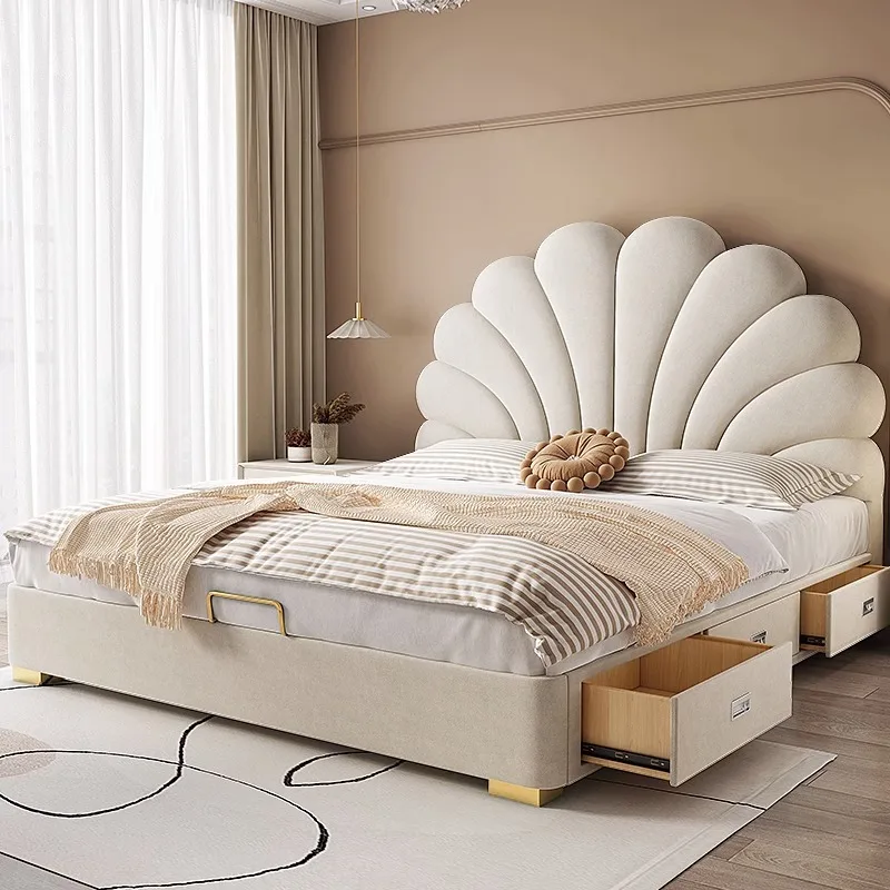 Petal bed technology fabric bed  French style light luxury modern minimalist master bedroom style double bed storage