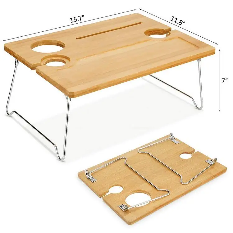 Portable folding legs bamboo breakfast bed table snack tray with wine bottle glass holder for outdoor picnic beach park