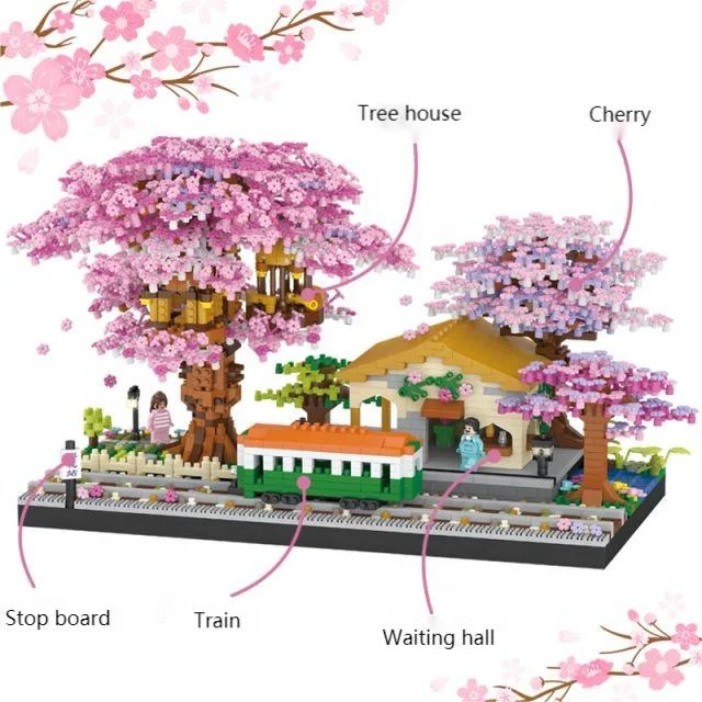 Model 606 Cherry Bonsai With Mini Train Set Small Building Blocks Cherry Tree