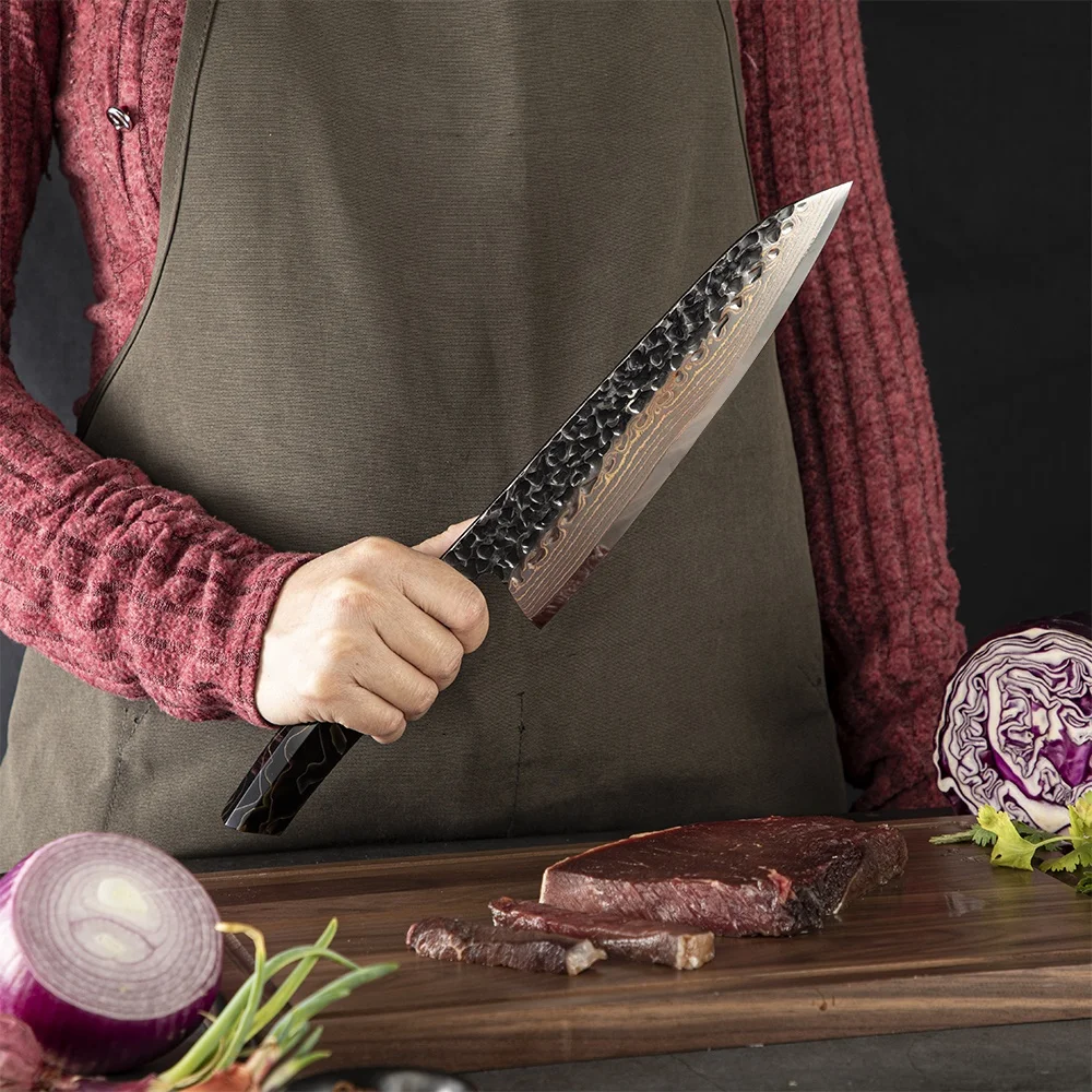 Amber Epoxy Resin Handle VG10 Black Copper Japanese Damascus Steel Chef Knife of Custom Logo