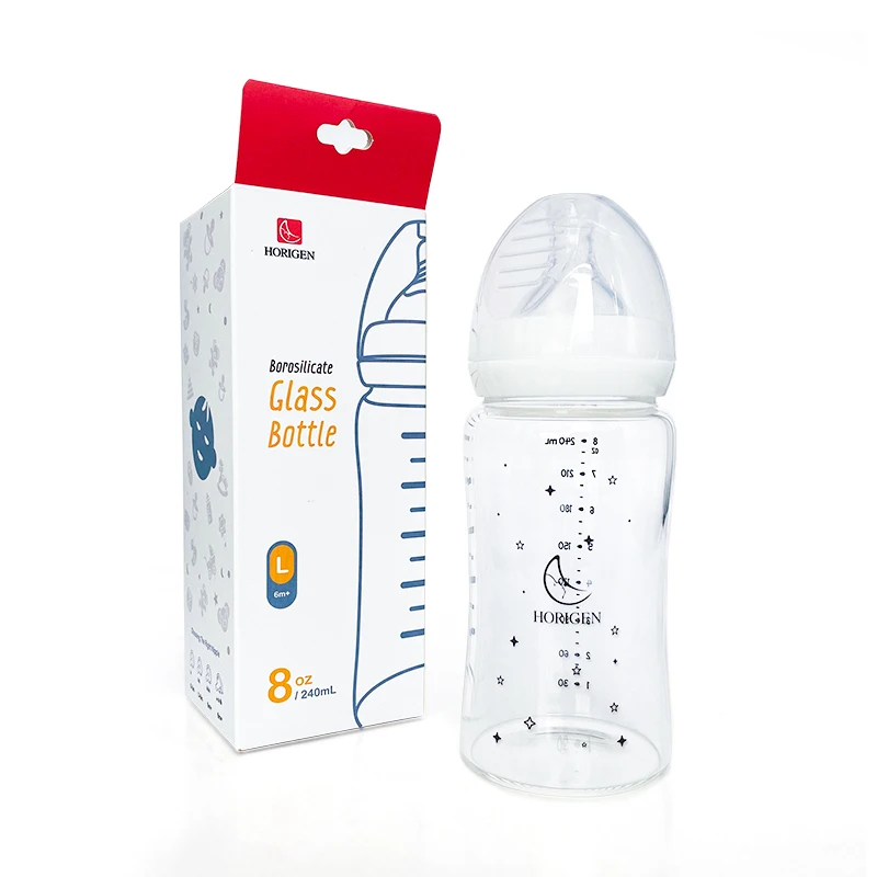 hot selling baby products wide neck borosilicate glass baby bottle milk feeding bottle for newborn baby