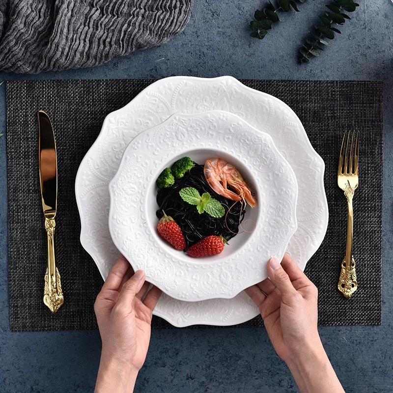 Embossed Design Floral Shape Ceramic Dinner Plates