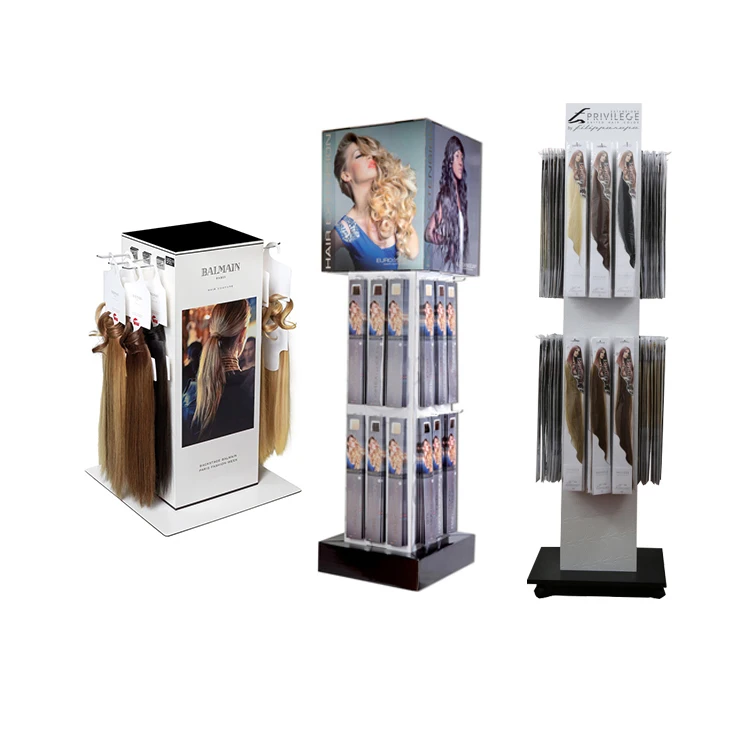 Hair Extension Rack Display Stand Cabinet Flooring Hair Extensions Display Rack Curved PVC Hair Extensions Retail Display