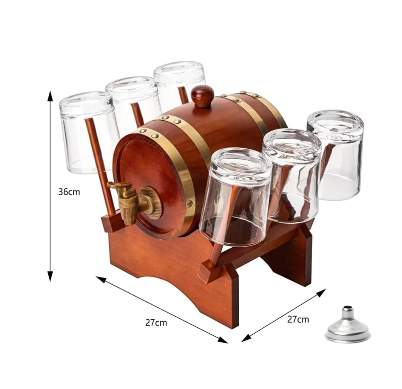 1000 mL Mahogany Wood Old Fashioned Classic Whiskey Decanter Set Barrel Decanter with 6 Whiskey Glasses