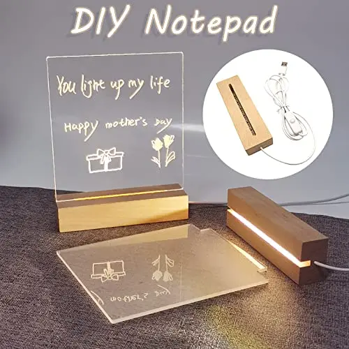 Acrylic Dry Erase Board Light LED Message Writing Board Blank Acrylic Memo Rectangular Wooden Base LED Night Light Board