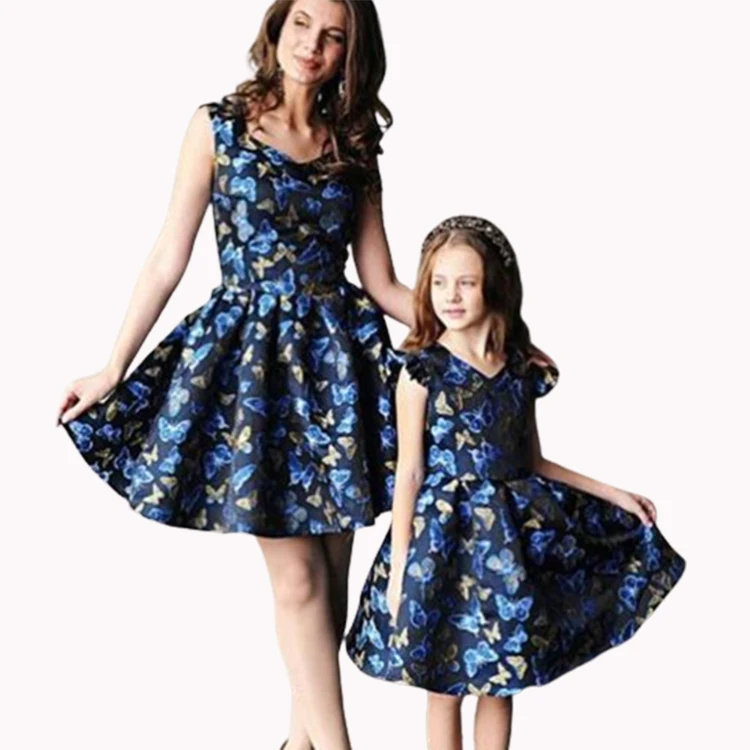 
Mother Baby girls Daughter Family Matching clothes printed Long Sleeve High Waist Patchwork Parent Child Outfits Midi Dress 