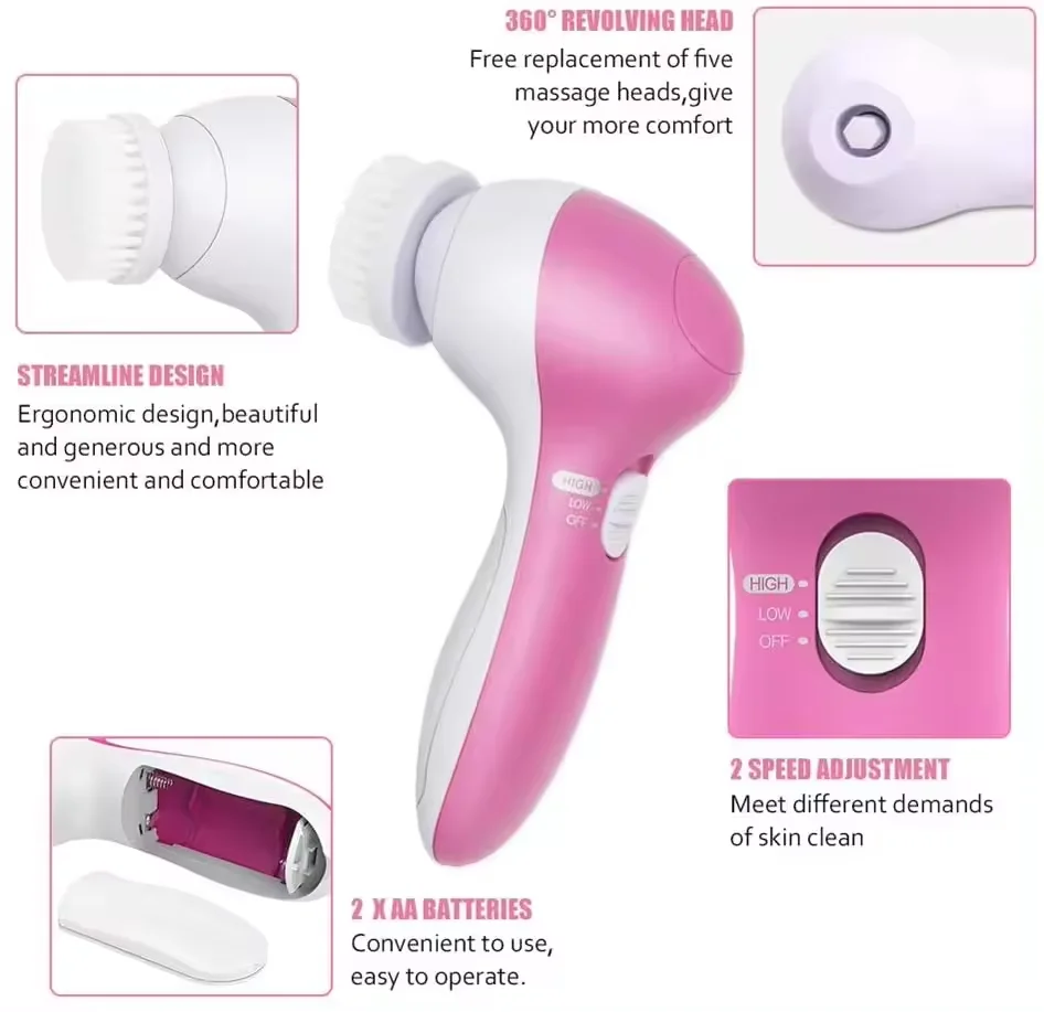 5 In 1 Factory Custom Skin Face Scrubber Electric Facial Cleaning Brush For Exfoliating Massaging And Cleaning