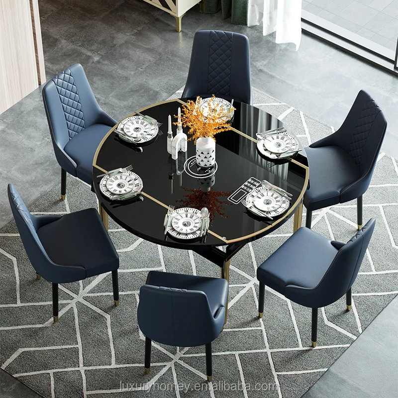 Italy contemporary black round marble dining tables and chairs set