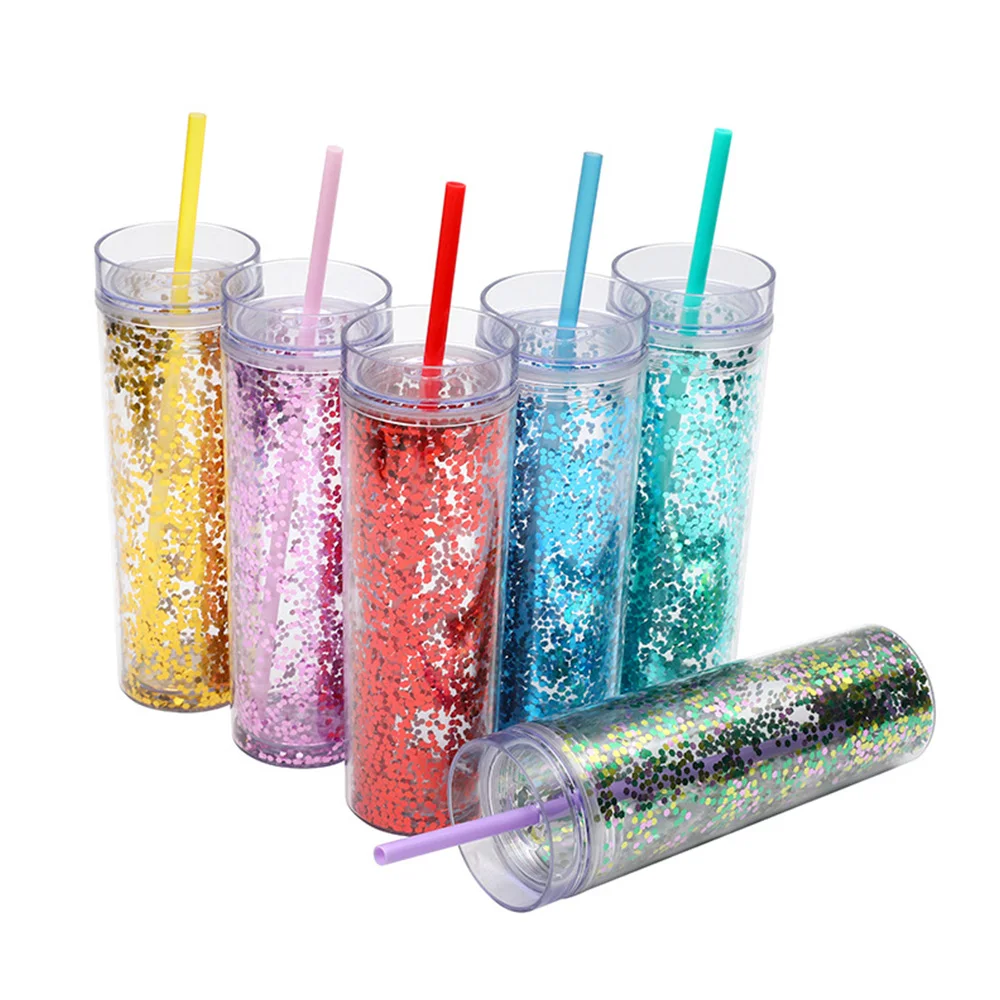 Wholesale 16oz Double Wall Plastic Matte Tumbler with Straw, Reusable Customizable Hologram Glitter Drinking Cup