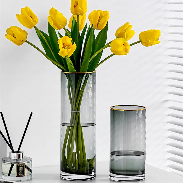 Simple gray drawing gold straight glass vase living room decoration hanging dry vase glass vase for flowers