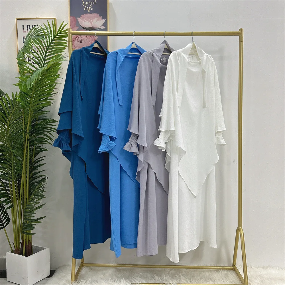 NEW High Quality EID Full Length Islamic Clothing Muslim Women Dress Butterfly Two Layers Khimar Two Piece Set Jazz Crepe Abaya