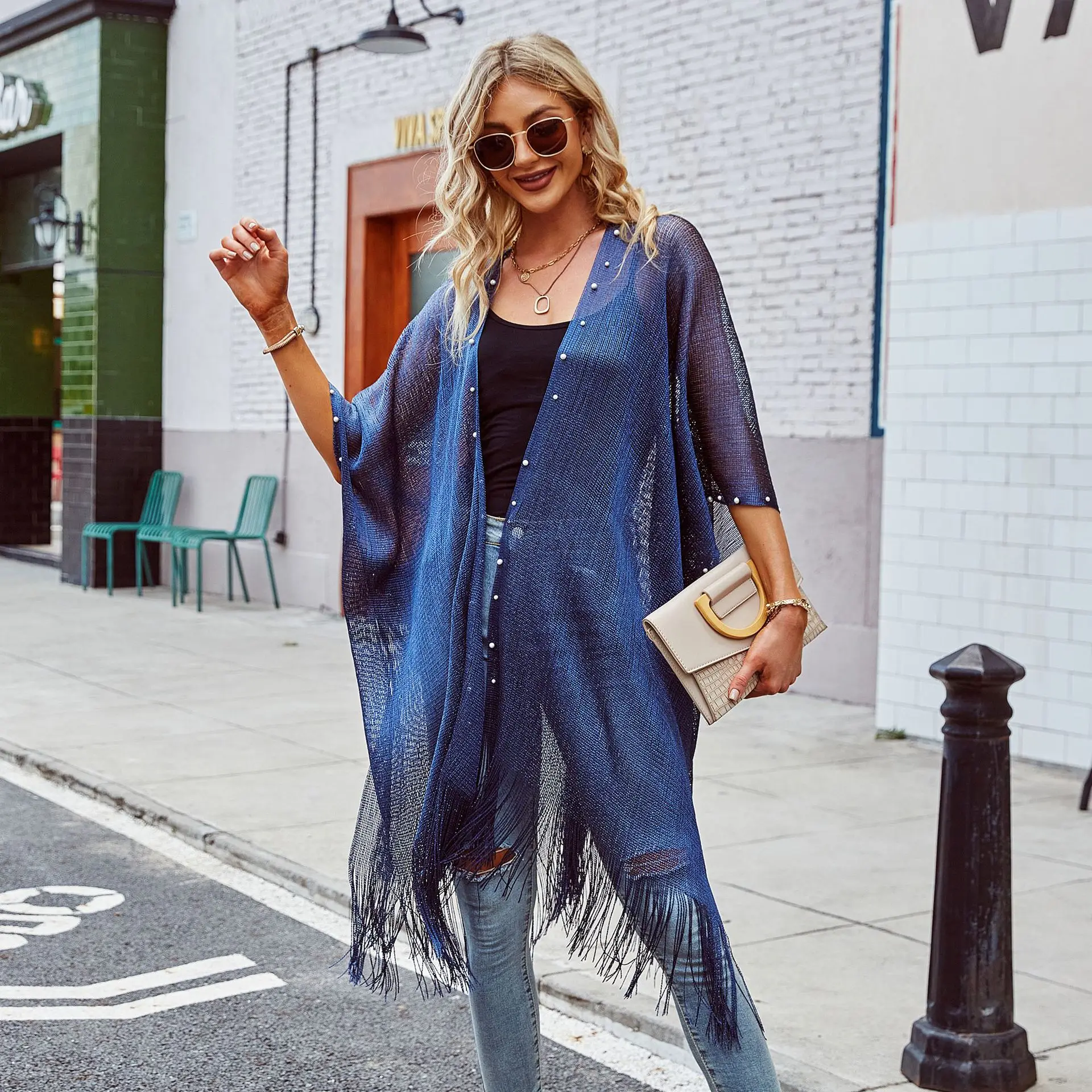 ODM Low MOQ Cotton Beach Blue Print Tassel Loose Women Kimono Cardigan