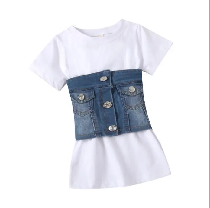 
Summer Fashion Kids Girls dress Short Sleeve Solid A-Line Dress+Denim Blue Vest clothes 
