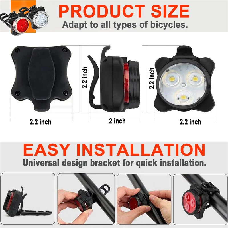 Bright Front Headlight Rear LED Bicycle 650mah Lithium Battery USB Rechargeable Bike Light Set