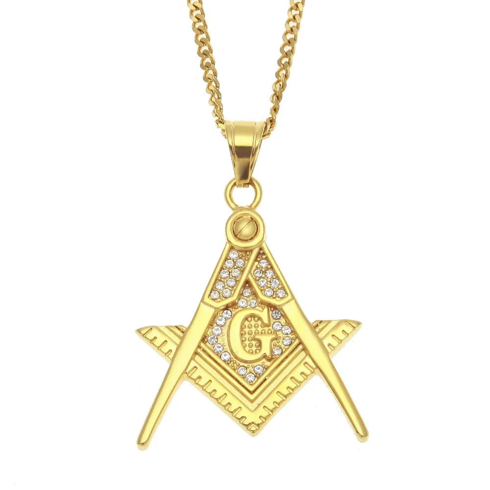Wholesale Australia Rhinestone Stainless Steel Pendant Gold Plated Free Mason Masonic Zircon Necklaces