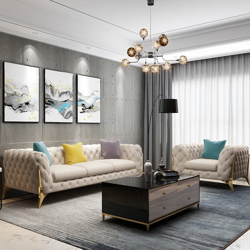 Home furniture Chesterfield Design Royal Luxury Gold foot Living Room Leather Velvet Sofa set