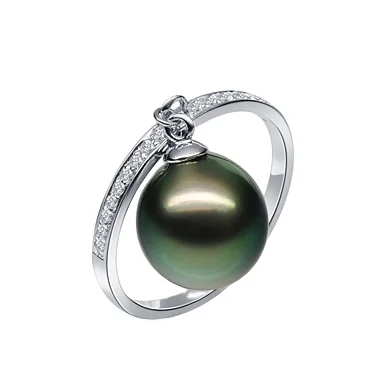 Unique 14K White Gold Diamond Dangling Black Pearl Ring Designs