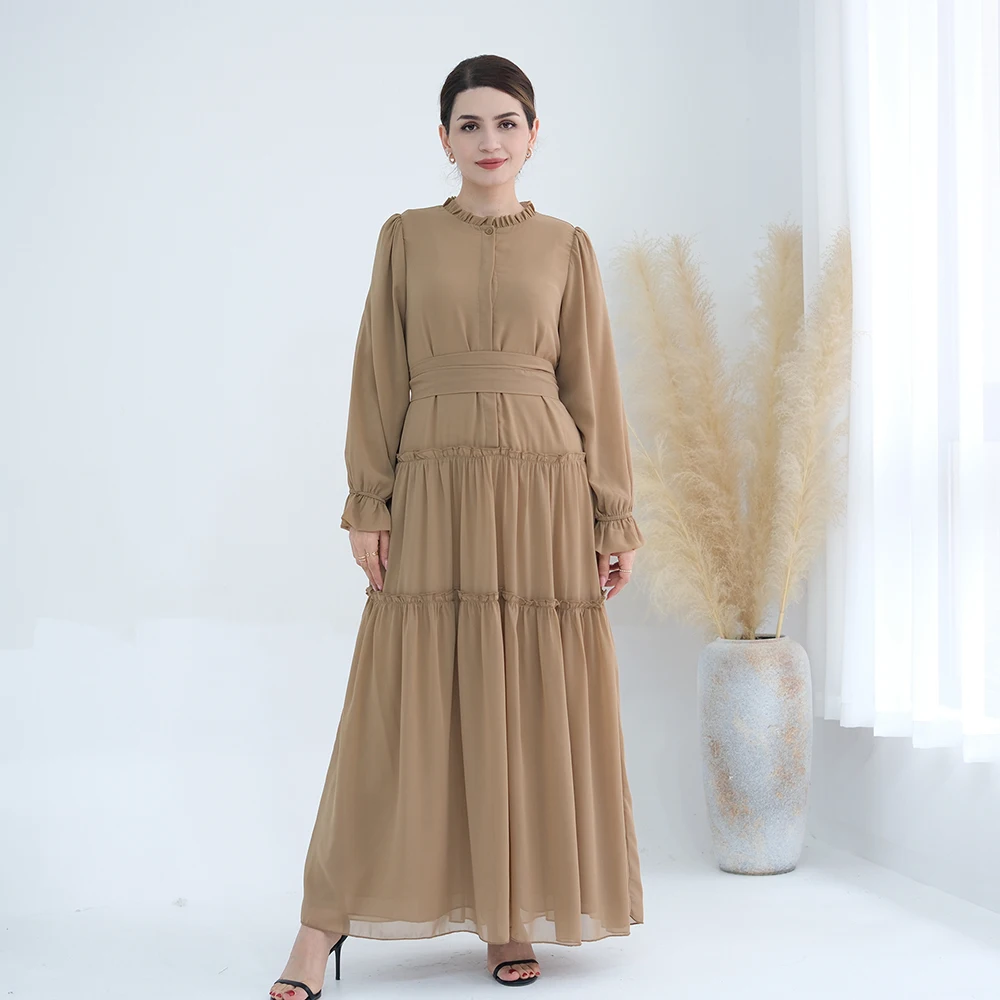 Traditional Muslim Clothing Long Sleeve Solid Color Muslim Maxi Dresses Chiffon Modest Layered Muslim Dress for women