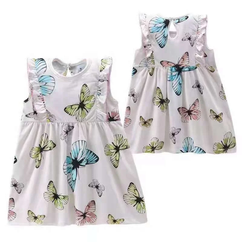 High quality summer ruffle shoulder floral casual lovely party cotton girl baby dresses