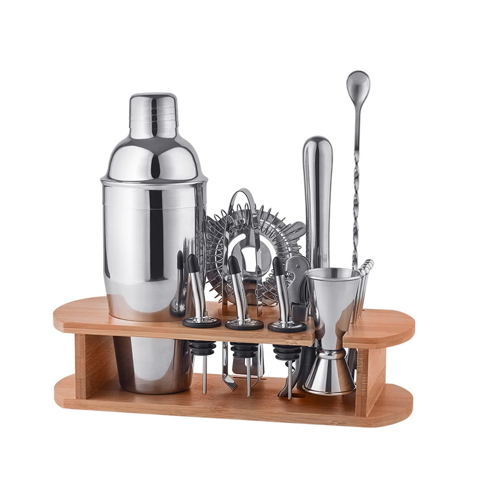 Professional Barware Tools Wooden Stand Travel Gift Stainless Steel Bartender Kit Bar Accessories Cocktail Shaker Set