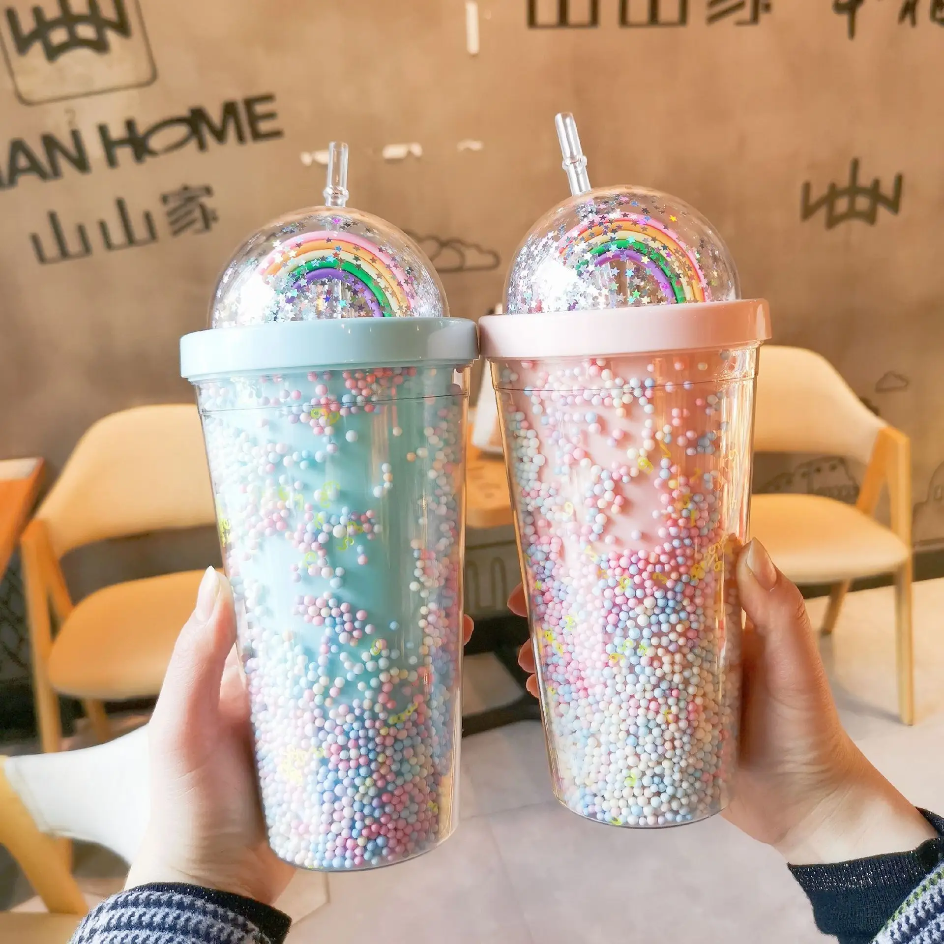 Bpa free glitter ice cream juice tumbler double wall girls cute unicorn dome reusable travel portable water bottle with straw
