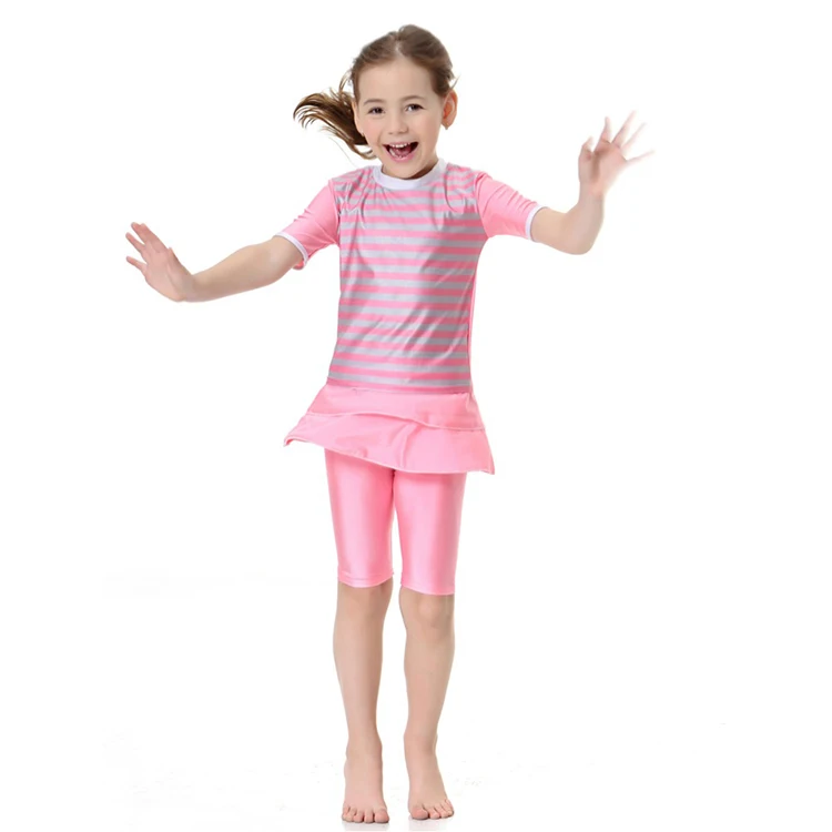 2021 Children Cute Islamic Swimsuit Blue Kids Bathing Suit Muslim Two-piece Modest Girls Short Sleeve Swimwear Skirted