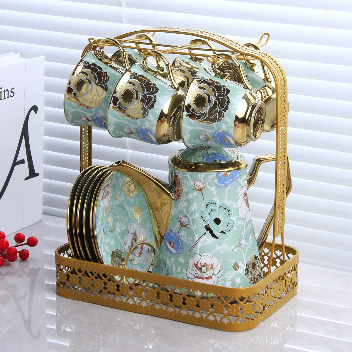 Deluxe 14PCS Water Set Arabia Gold Framed Porcelain Coffee & Tea Cup Set with Teapot Tray Ceramic Tea Cup Set