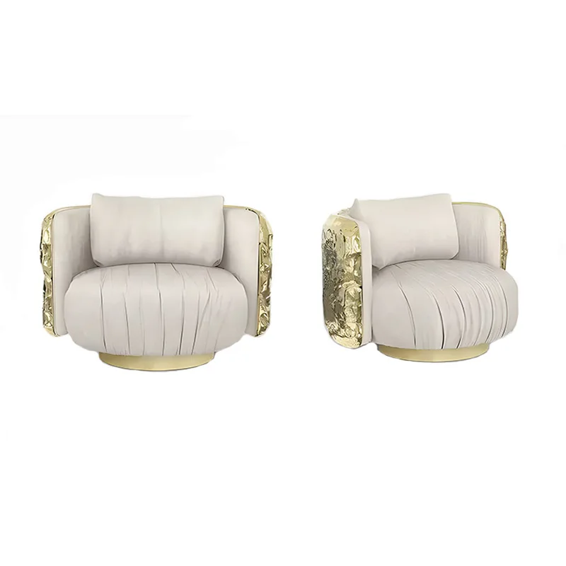 Luxury Living Room Leisure Chair Golden Polish Brass Accent Chair Genuine Leather Armchair For Hotel Home