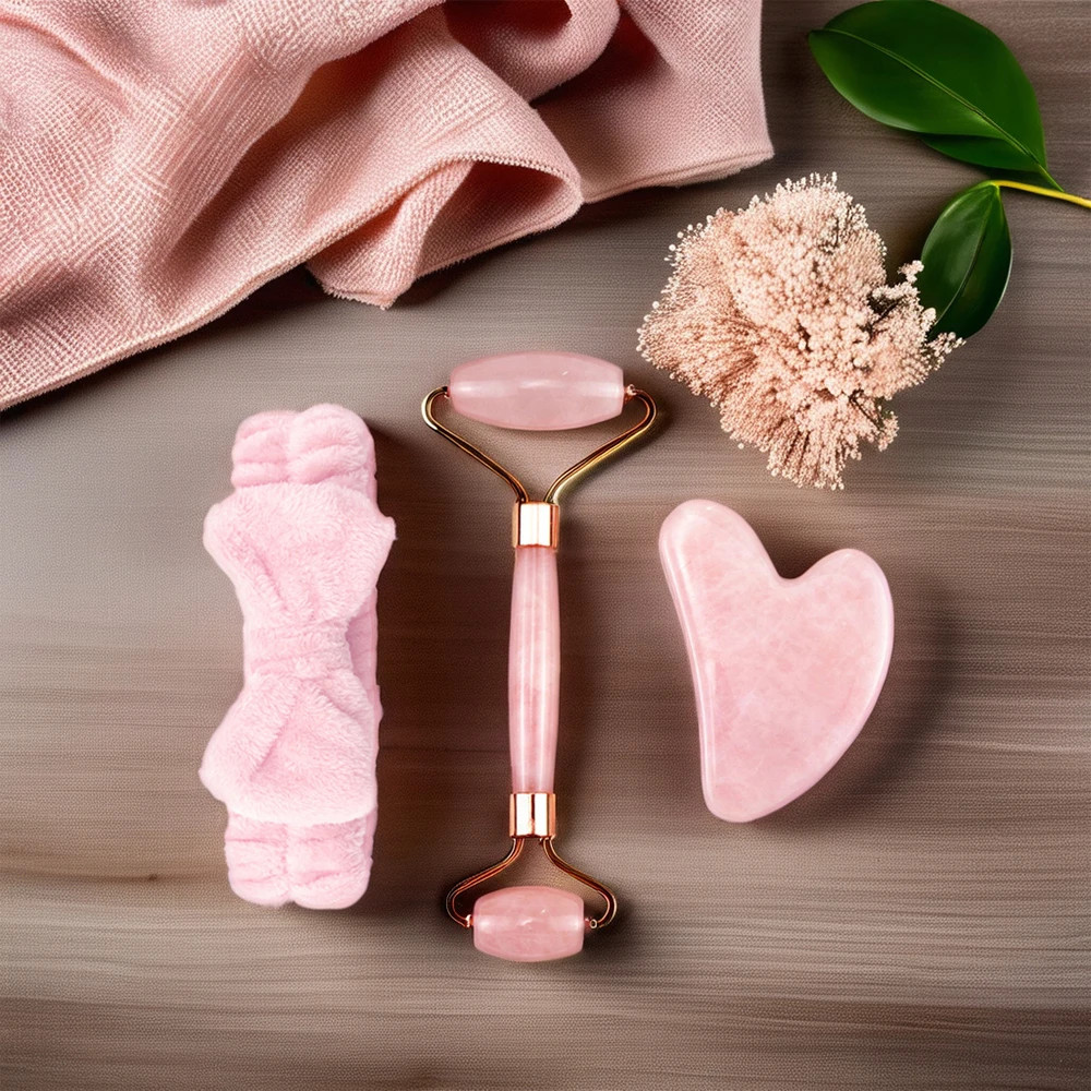 New 3 in 1 Natural Stone Face Beauty Anti Aging Facial Massage Jade Roller Gua Sha Set Complimentary hair ties