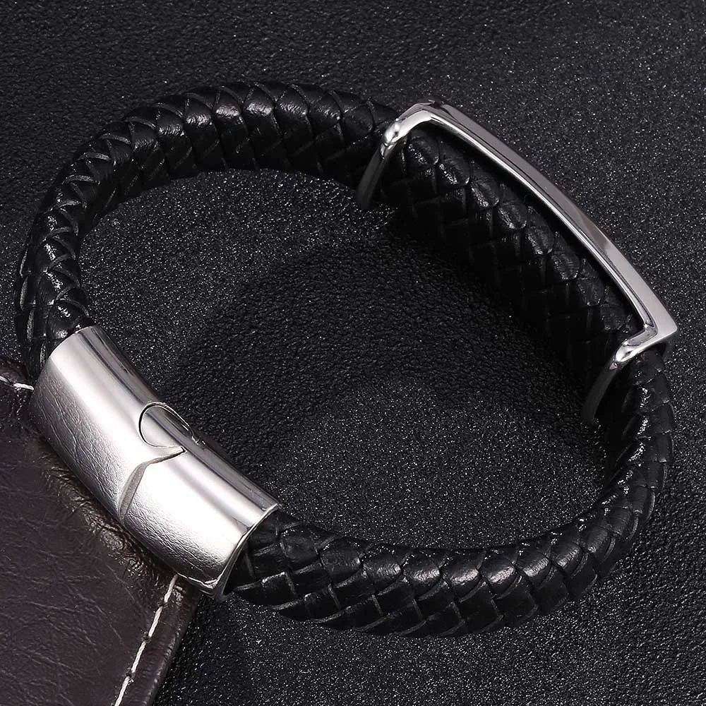 Wholesale Stainless Steel Pirate Sword Charm Magnet Clasp Braided Genuine Leather Bracelet For Men