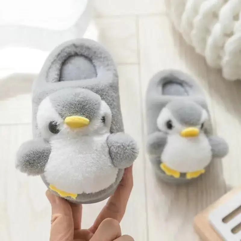 cartoon penguin thermal cute indoor kids slipper fuzzy fur lined plush house home slippers for kids