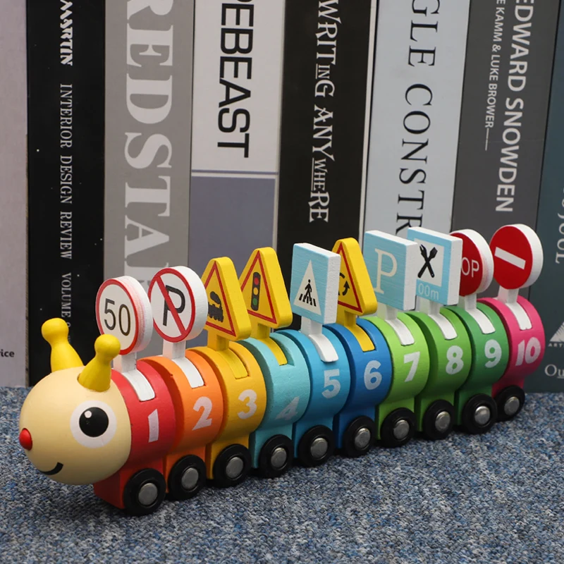 Wooden educational toys for kids wooden Colors numbers traffic signs Splice caterpillar toys train set