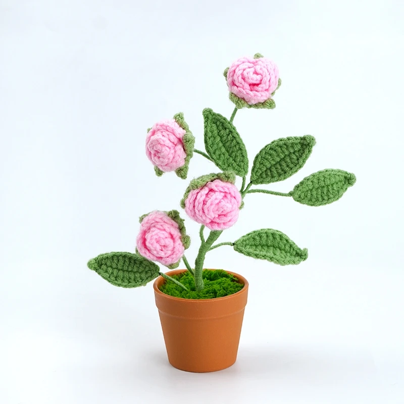 Multi-Headed Roses Potted Plants Hand Weaved Knitted Yarn Flowers Simulated Ornament Flower Ornaments Finished Artificial