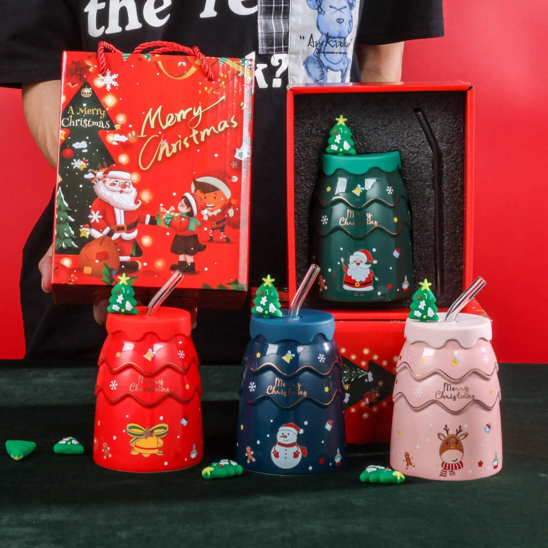 Hot Sell 2023 Silicone Sleeve Christmas Cup Coffee Ceramic Mug Without Handle Coffee Mug With A Straw