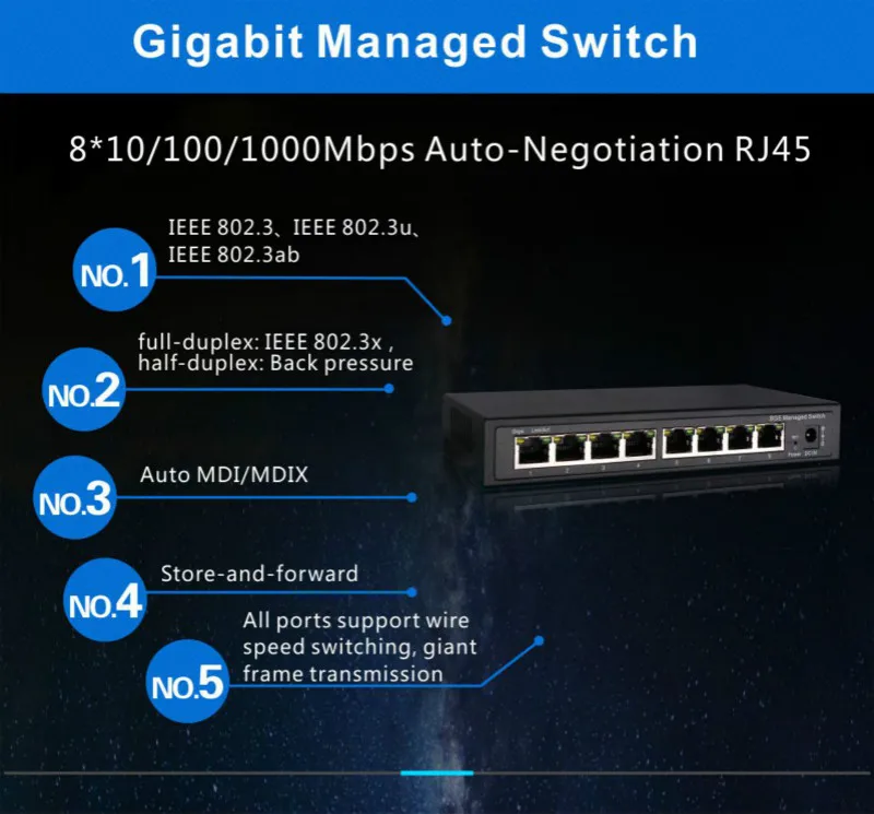 5w low power consumption 8ch managed switch 8 port gigabit vlan switch