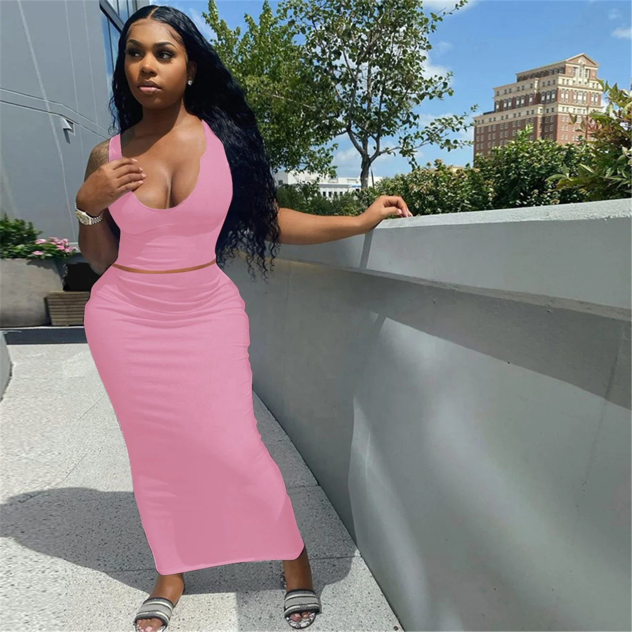 
XLL Summer wear clothing sleeveless two pieces maxi skirts and tank top sexy long pencil skirt sets women 2 piece outfits 