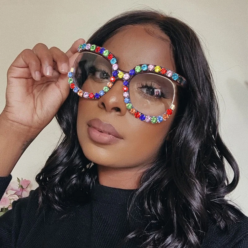 2021 Oversized Frame Women Diamond Eyewear Luxury Brand Cat Eye Glasses Half Frame Rhinestone Optical Eyeglasses Frames