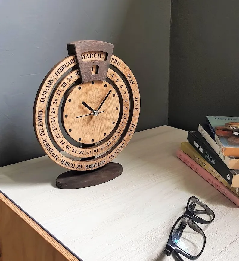 Unique Wooden Desktop Calendar Clock Decorative Wooden Antique Table Clock