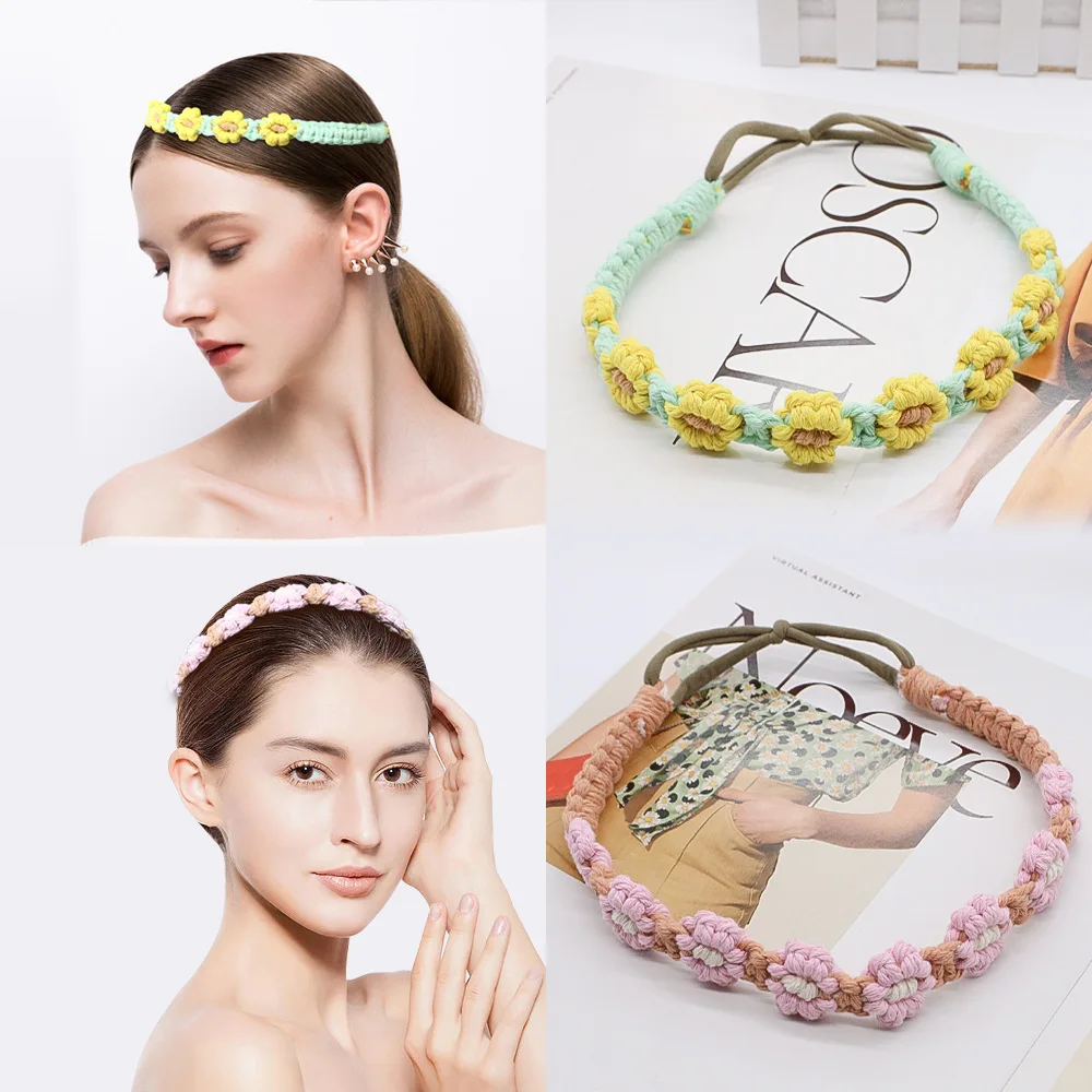 Handmade Daisy Macrame Boho Hair Bands Elastic Braided Flower Crown Headwrap Crochet Headbands for Women Girls