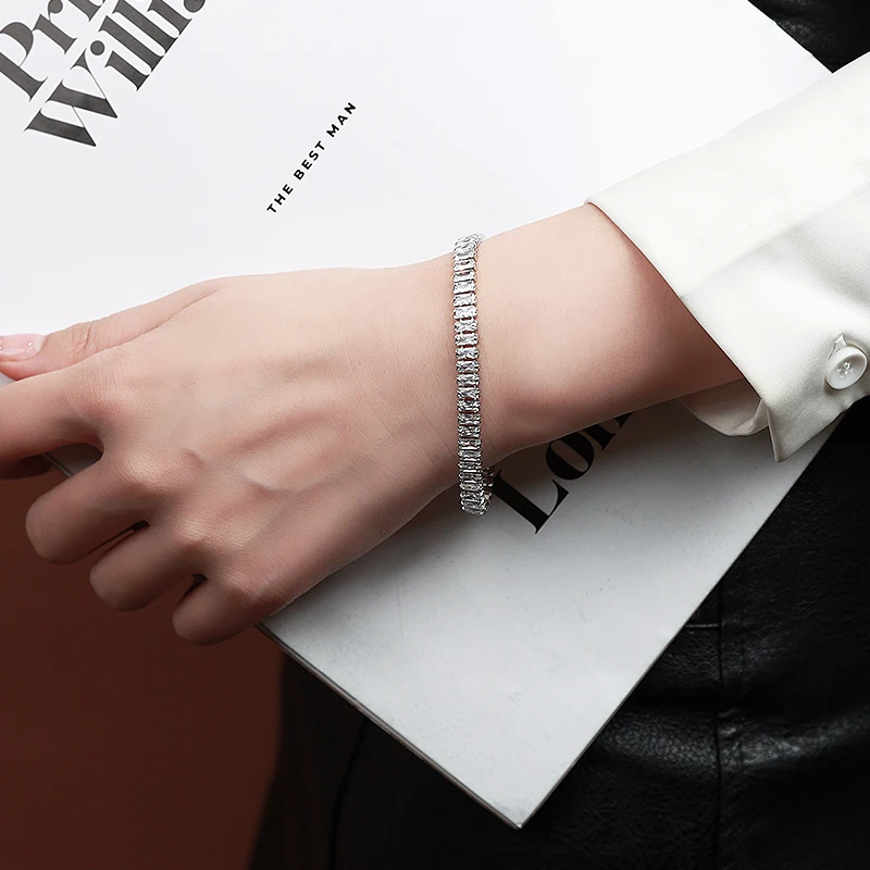 Women Luxury Jewelry Link White Zircon CZ Stone Iced Out Baguette Lab Grown Diamond Tennis Chain Bracelets For Women