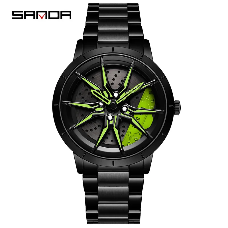 SANDA 1089 Car Wheel Watch Men Quartz Creative Rim Hub Wheel Wristwatch Relogio Masculine Rotating Dial Sport Clock Waterproof