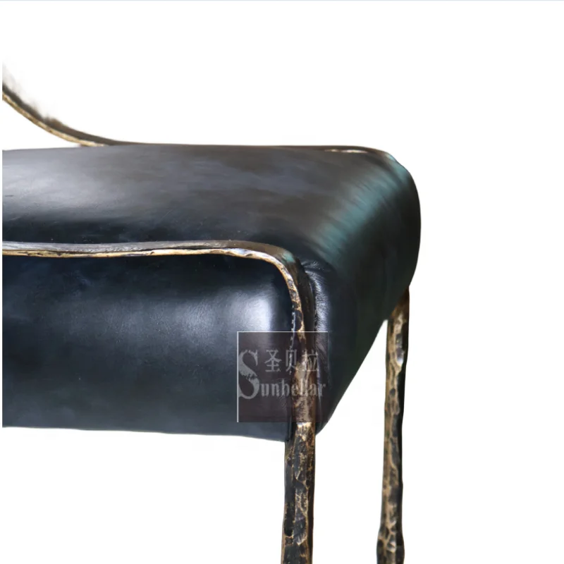 wholesale black leather dining side chair luxury genuine leather metal forged iron chair with back dining room hotel restaurant