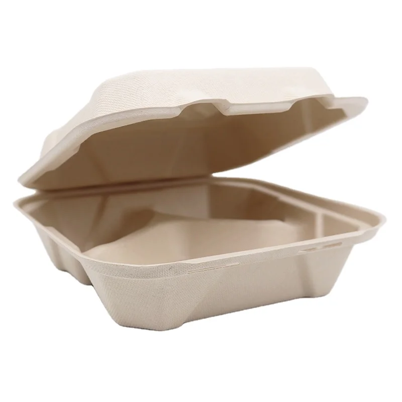 Eco-Friendly 100% biodegradable 900ml sugarcane pulp clamshell lunch box disposable 8 Inch square bagasse food container