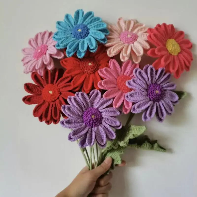 Stem Wool Knitted Flower Bouquet Gerbera Knit Gerbera Crochet African Chrysanthemum Flower Home Decoration Gifts Crochet Flower