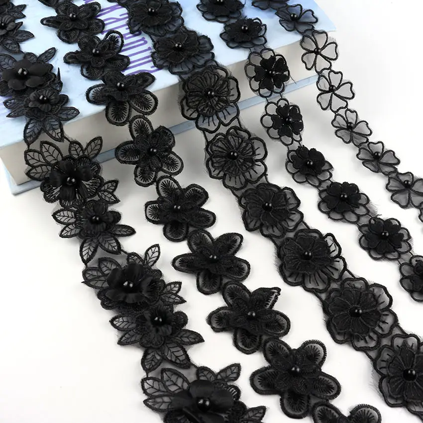
Factory Handmade 1meter Length Net yarn water soluble black embroidery clothes lace DIY macrame fabric trimming 