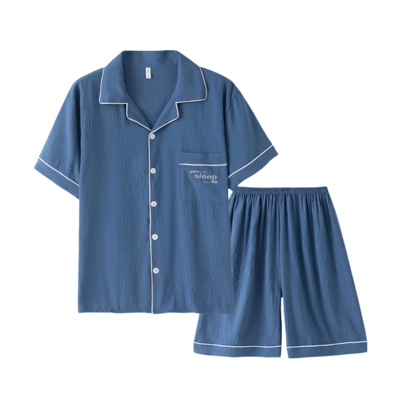 men sleepwear manufacture custom breathable buttons down pajamas for men blue Viscose fiber shorts tops Mens Pajamas Set