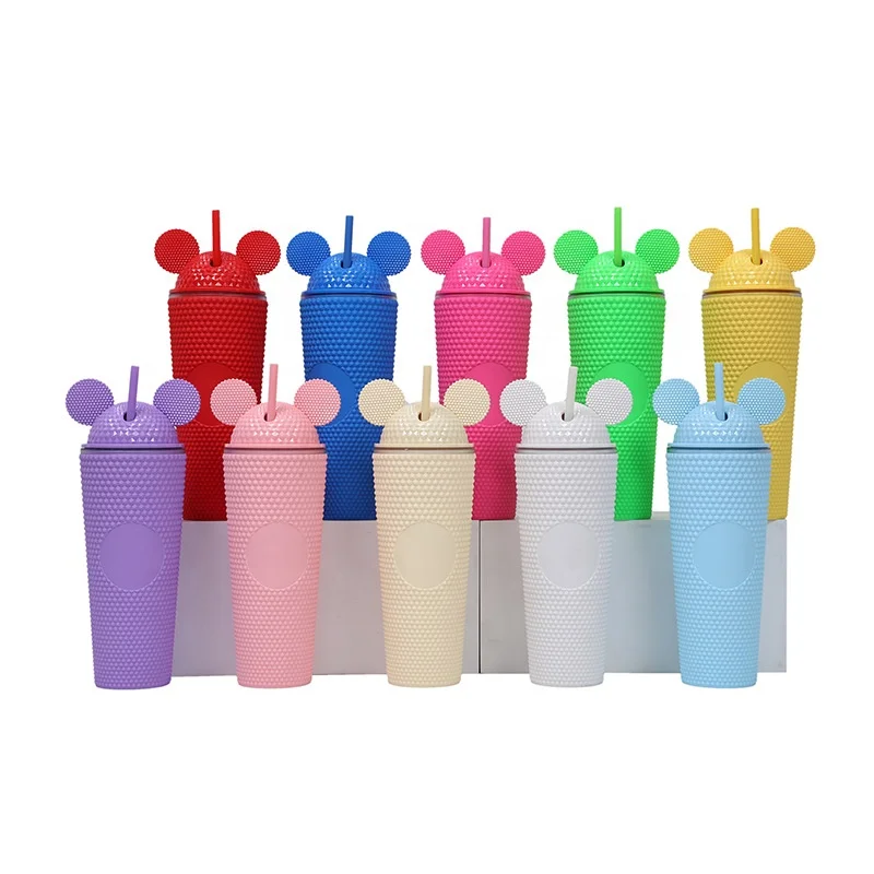 wholesale 24oz mouse mug double walled clear acrylic tumbler ice coffee cup mouse ear tumbler with straw and lid