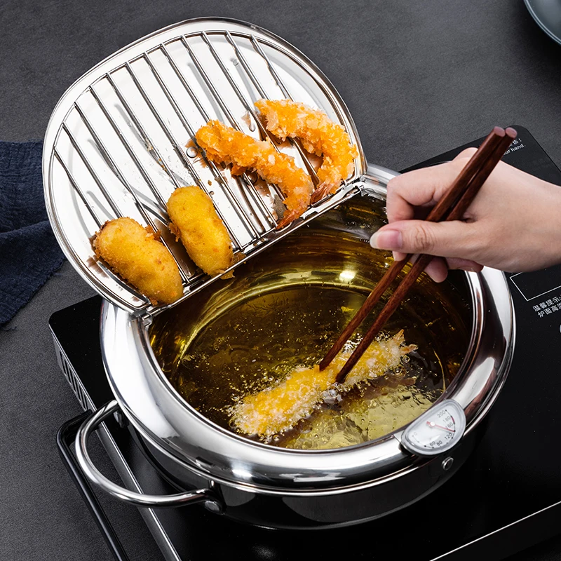 Drop shipping Japanese Tempura Fryer pot Home use Deep Oil Strainer Pot With Oil Filter&Thermometer Stainless Steel Frying Pan