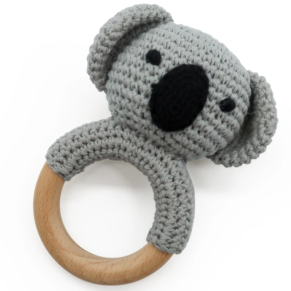 New Design Animals Cute Super Soft Knitted Rabbit Panda Reindeer baby wooden rattle teether baby crochet toys