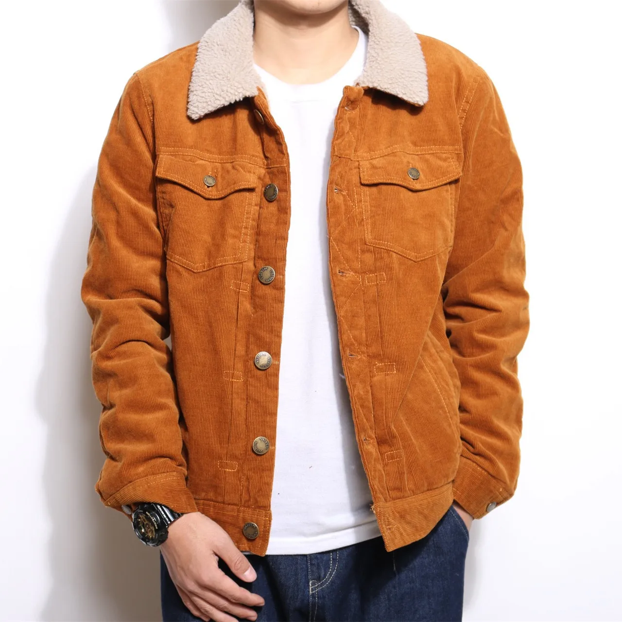 vintage cheap worker winter work fur collar orange jackets corduroy jacket for men wholesale custom logo